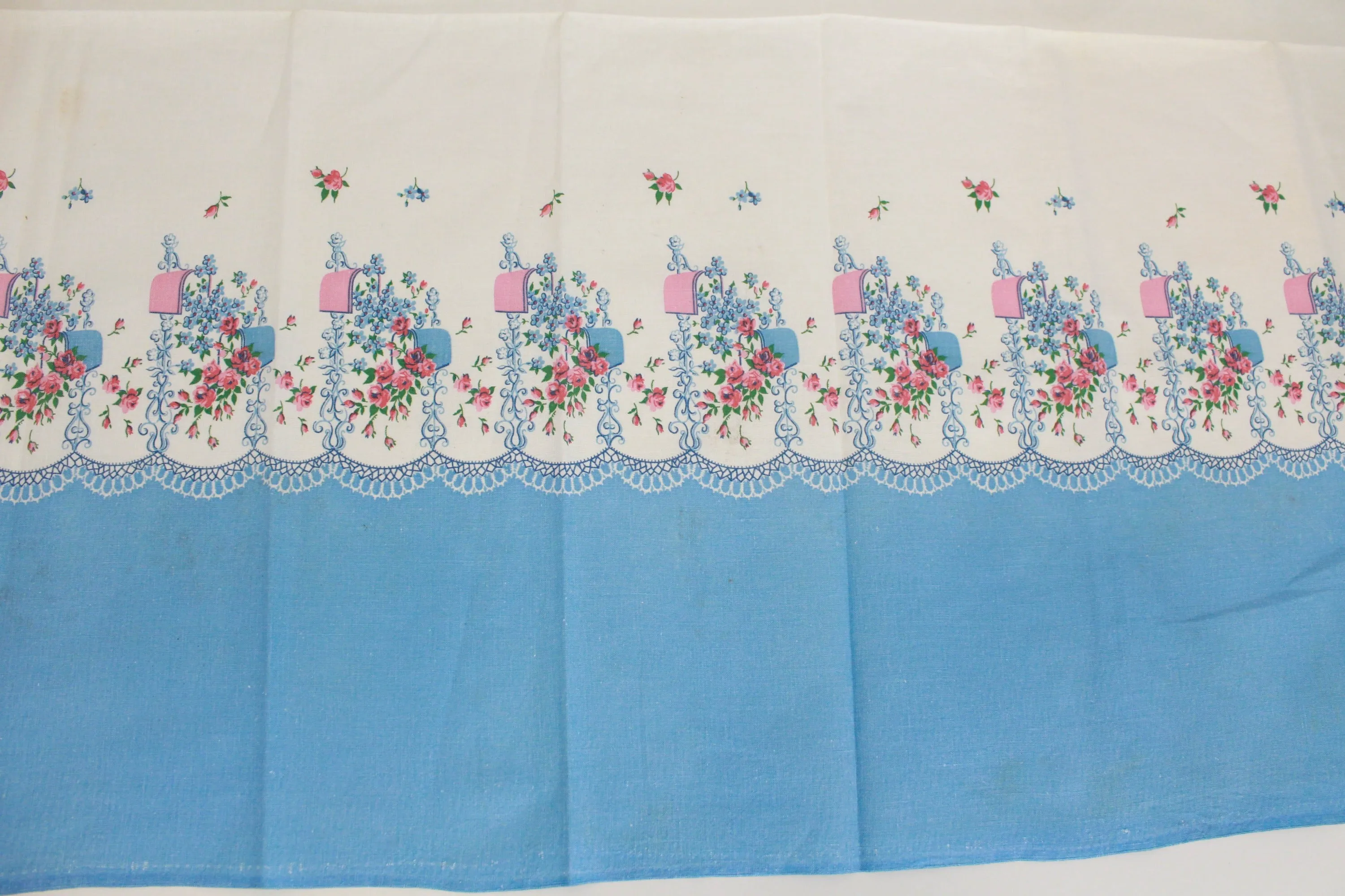 1940s Border Print Feedsack, Blue and Pink Flowers, Cotton Sewing Fabric