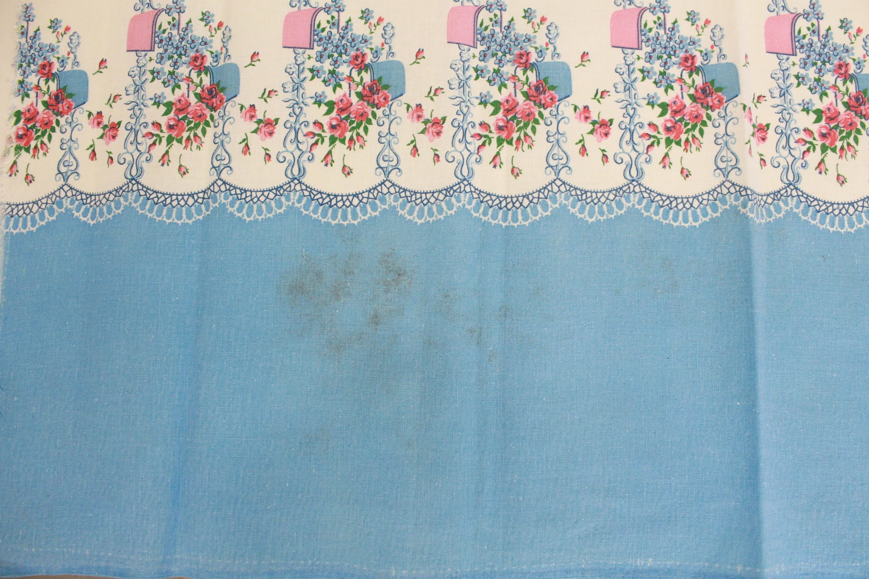 1940s Border Print Feedsack, Blue and Pink Flowers, Cotton Sewing Fabric