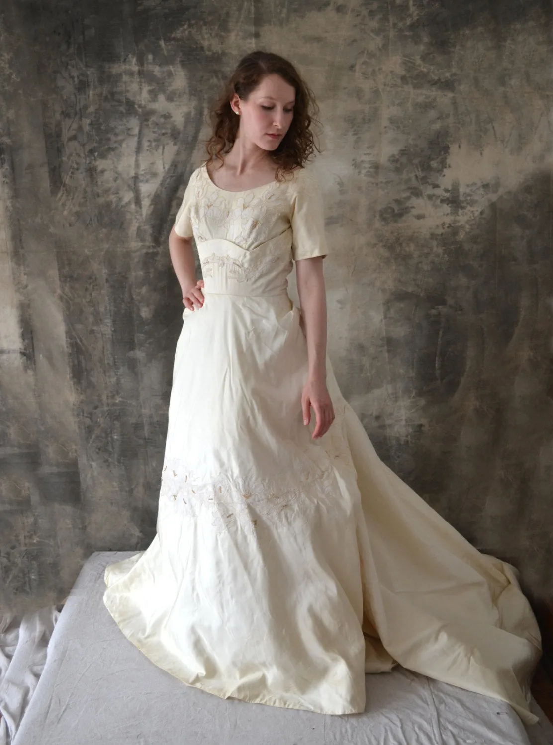 1950s Satin Wedding Gown with Train