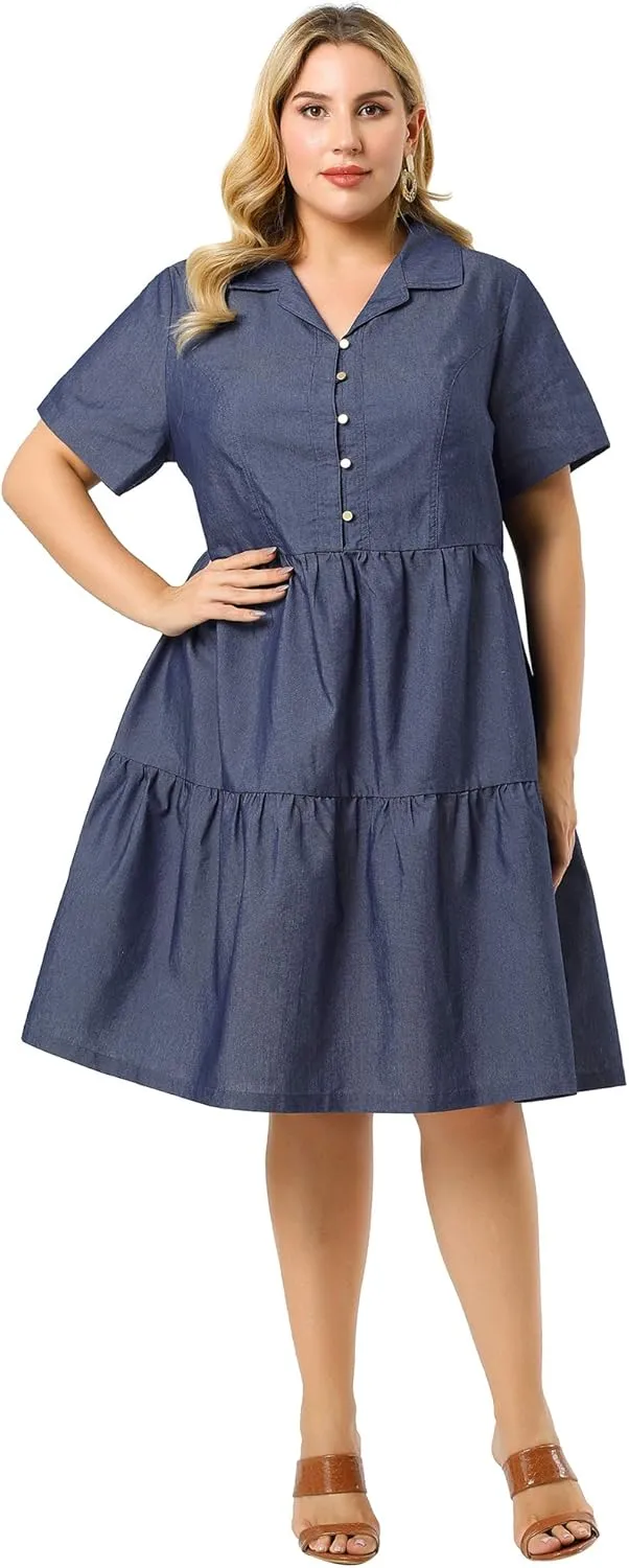Agnes Orinda Plus Size Chambray Dress for Women Short Sleeve Button Down Flowy Tiered Shirt Dresses