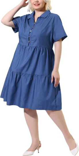 Agnes Orinda Plus Size Chambray Dress for Women Short Sleeve Button Down Flowy Tiered Shirt Dresses