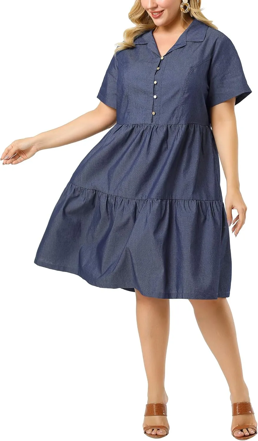 Agnes Orinda Plus Size Chambray Dress for Women Short Sleeve Button Down Flowy Tiered Shirt Dresses