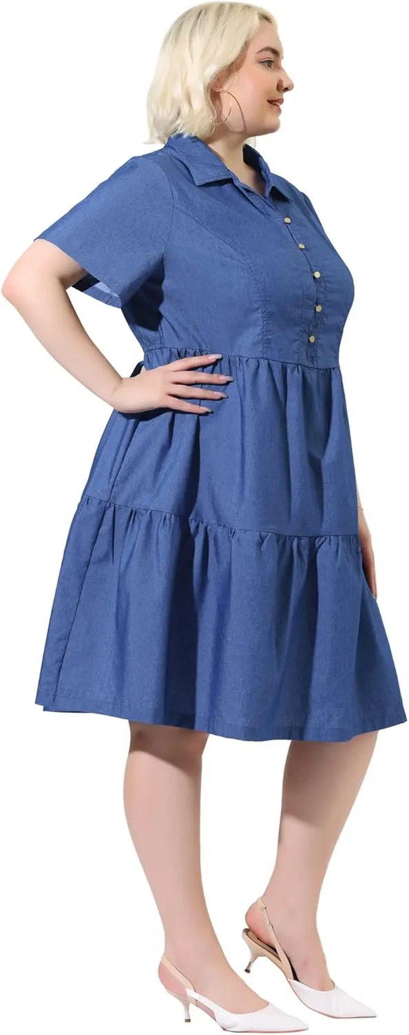 Agnes Orinda Plus Size Chambray Dress for Women Short Sleeve Button Down Flowy Tiered Shirt Dresses