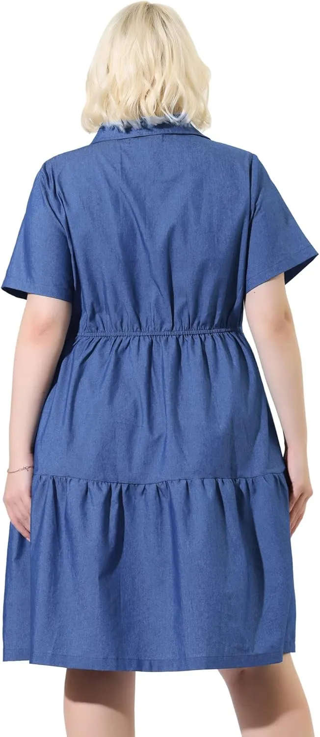 Agnes Orinda Plus Size Chambray Dress for Women Short Sleeve Button Down Flowy Tiered Shirt Dresses