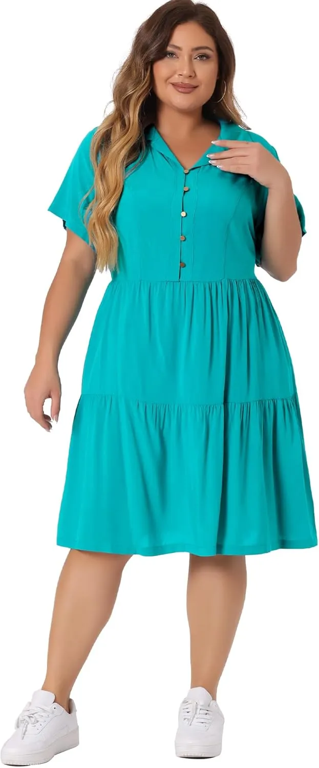 Agnes Orinda Plus Size Chambray Dress for Women Short Sleeve Button Down Flowy Tiered Shirt Dresses