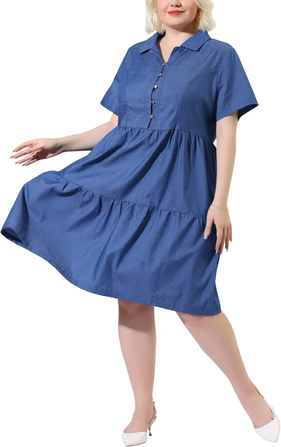 Agnes Orinda Plus Size Chambray Dress for Women Short Sleeve Button Down Flowy Tiered Shirt Dresses