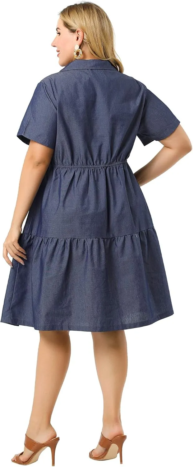 Agnes Orinda Plus Size Chambray Dress for Women Short Sleeve Button Down Flowy Tiered Shirt Dresses