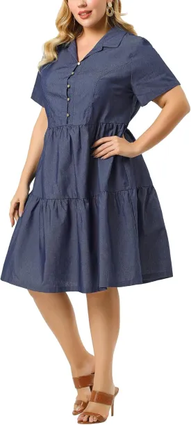 Agnes Orinda Plus Size Chambray Dress for Women Short Sleeve Button Down Flowy Tiered Shirt Dresses