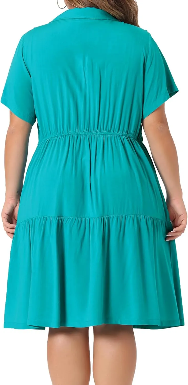 Agnes Orinda Plus Size Chambray Dress for Women Short Sleeve Button Down Flowy Tiered Shirt Dresses