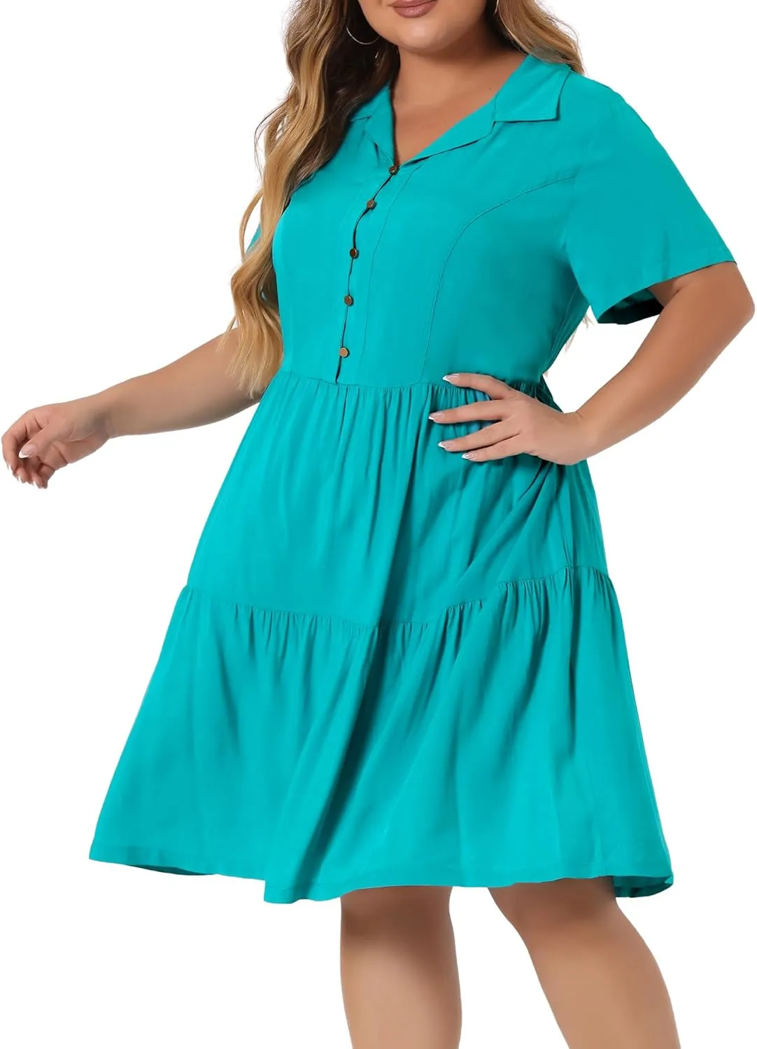 Agnes Orinda Plus Size Chambray Dress for Women Short Sleeve Button Down Flowy Tiered Shirt Dresses