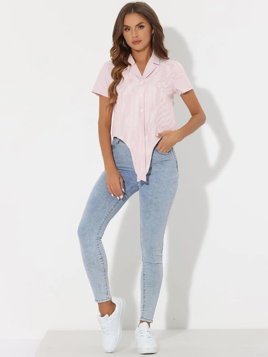 Allegra K Women's Striped Button Up Lapel Collar Top Short Sleeve Tie Front Crop Shirt