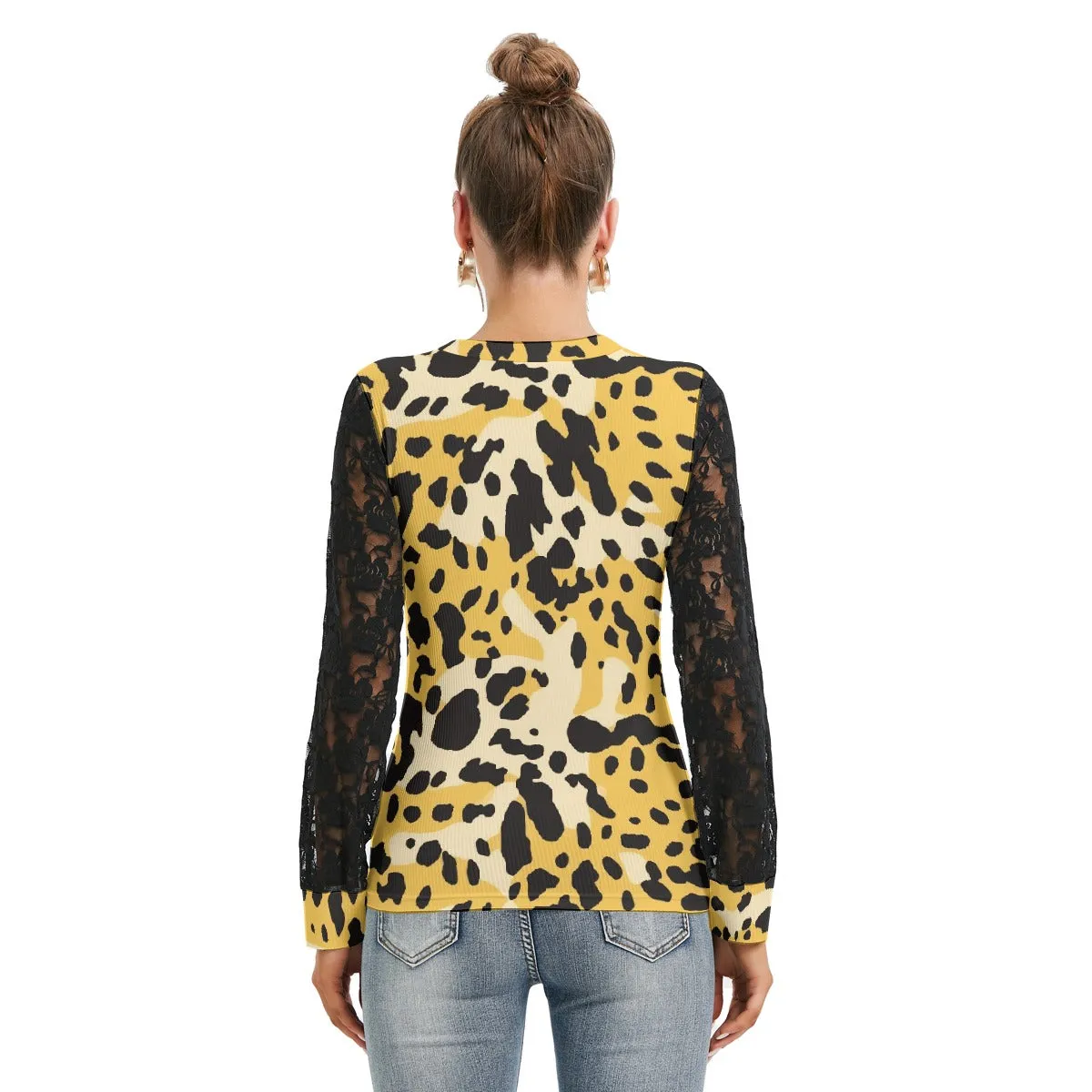 Animal Print T-shirt with Black Lace Sleeves