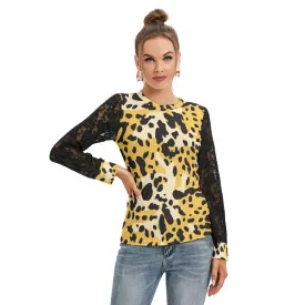 Animal Print T-shirt with Black Lace Sleeves