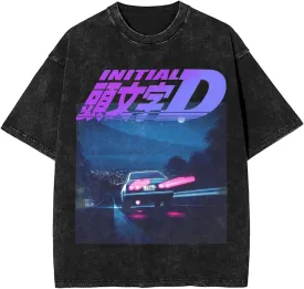 Anime Initial D Vintage Oversized T Shirt Fashion Round Neck Cotton Short Sleeves T-Shirts for Mens and Womens