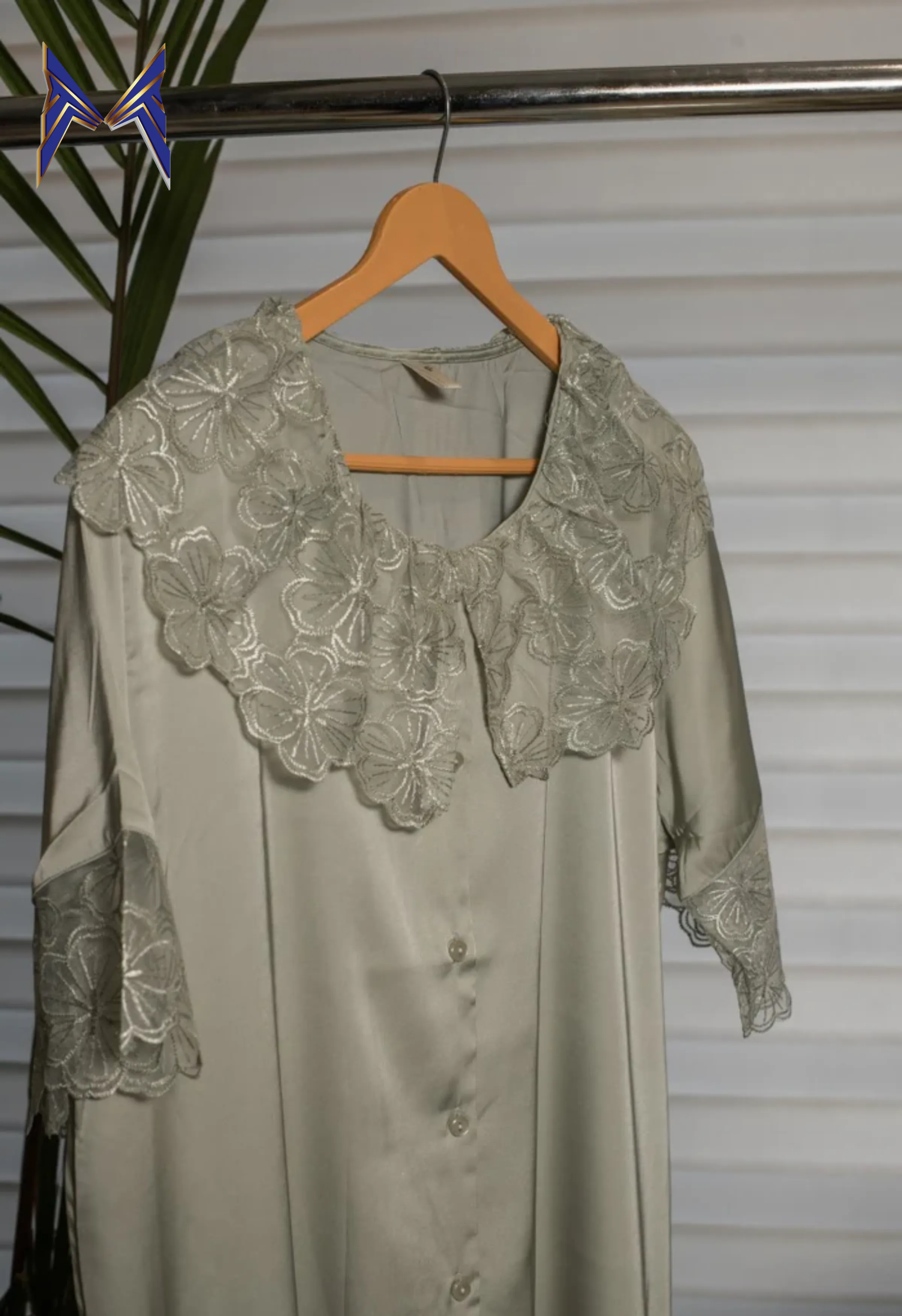 Ashen Elegance Knee-Length Night Gown Adorned with Delicate Lace Neckline