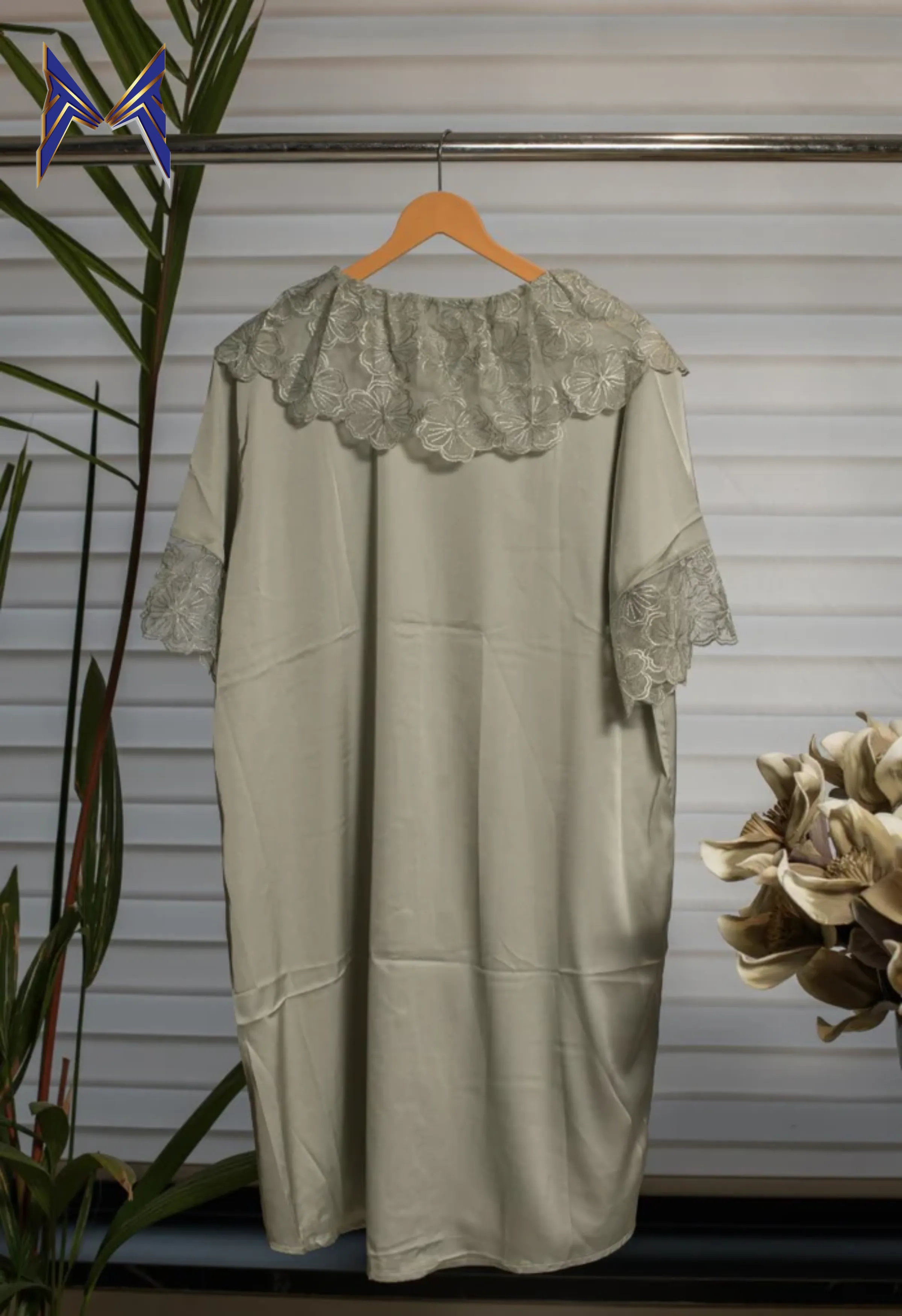 Ashen Elegance Knee-Length Night Gown Adorned with Delicate Lace Neckline