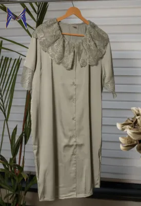 Ashen Elegance Knee-Length Night Gown Adorned with Delicate Lace Neckline
