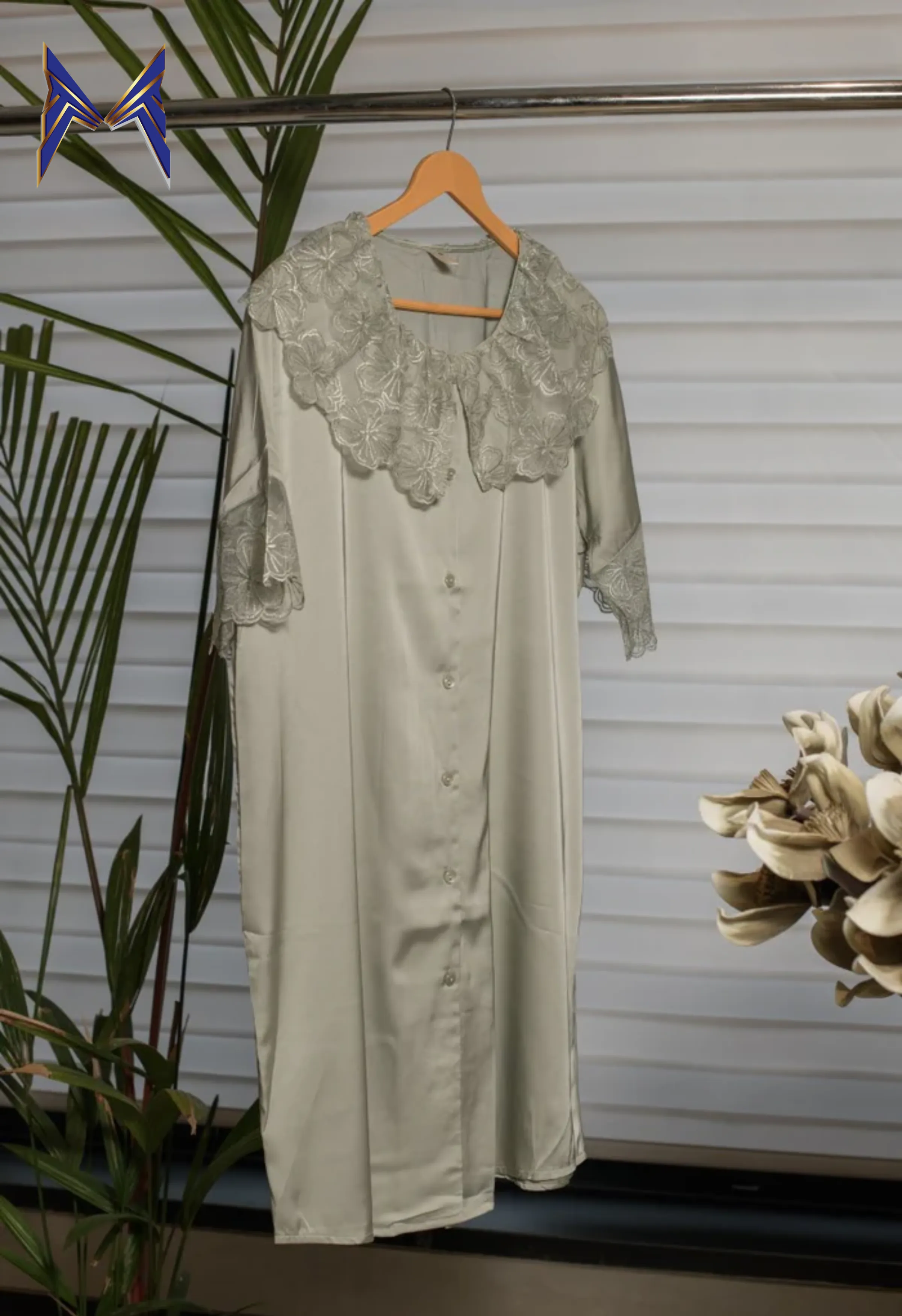 Ashen Elegance Knee-Length Night Gown Adorned with Delicate Lace Neckline