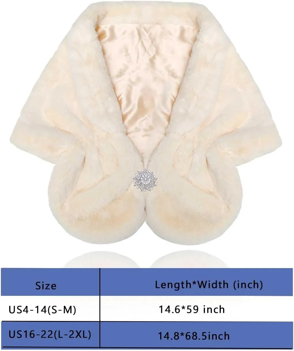 Aukmla Women's Wedding Fur Wraps and Shawls Bridal Fur Stoles Scarf with Rhinestones Brooch for Bride and Bridesmaids