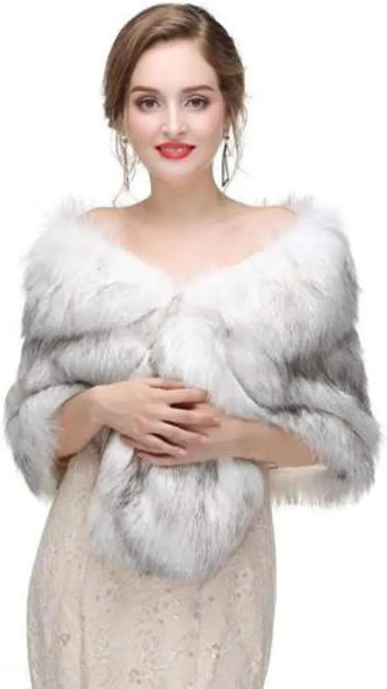 Aukmla Women's Wedding Fur Wraps and Shawls Bridal Fur Stoles Scarf with Rhinestones Brooch for Bride and Bridesmaids