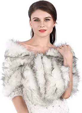 Aukmla Women's Wedding Fur Wraps and Shawls Bridal Fur Stoles Scarf with Rhinestones Brooch for Bride and Bridesmaids