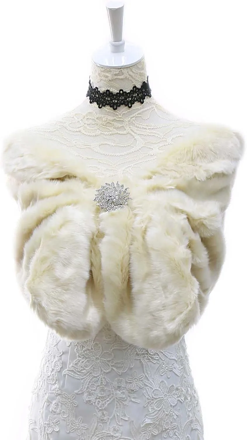 Aukmla Women's Wedding Fur Wraps and Shawls Bridal Fur Stoles Scarf with Rhinestones Brooch for Bride and Bridesmaids
