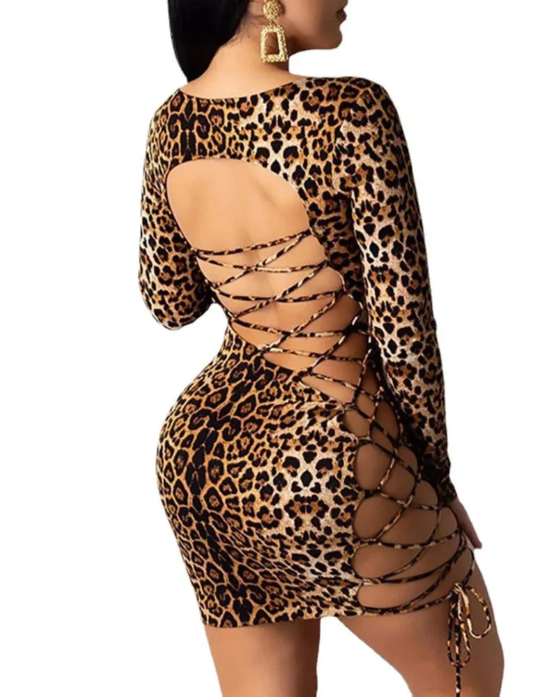 Best Selling Sexy Long Sleeve Lace Up Leopard Print Dresses Women Night Club  Dress Backless Bodycon Dresses