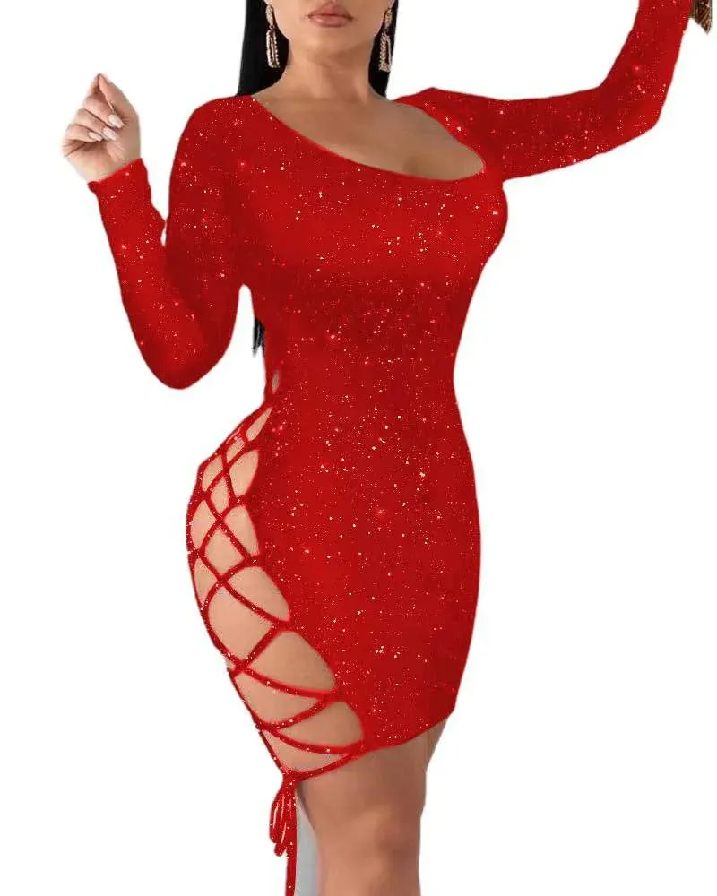 Best Selling Sexy Long Sleeve Lace Up Leopard Print Dresses Women Night Club  Dress Backless Bodycon Dresses