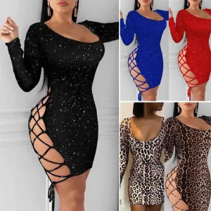 Best Selling Sexy Long Sleeve Lace Up Leopard Print Dresses Women Night Club  Dress Backless Bodycon Dresses