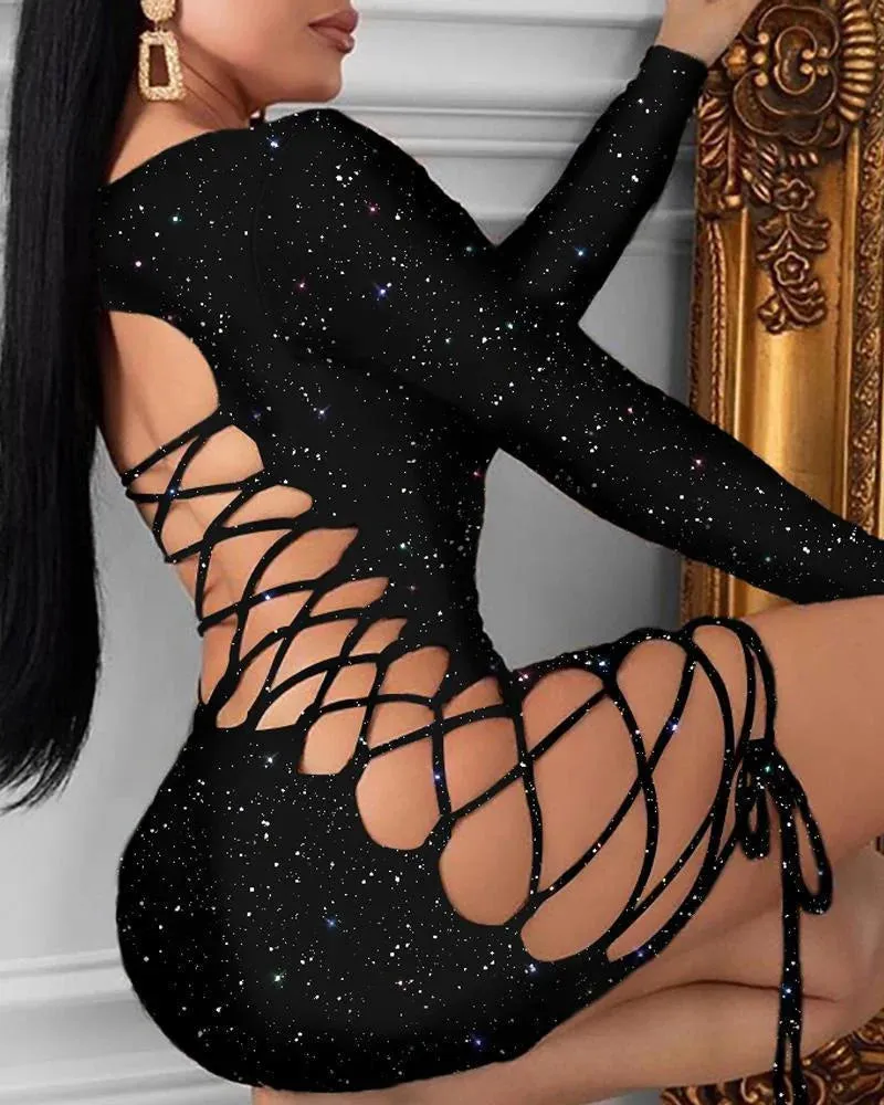 Best Selling Sexy Long Sleeve Lace Up Leopard Print Dresses Women Night Club  Dress Backless Bodycon Dresses
