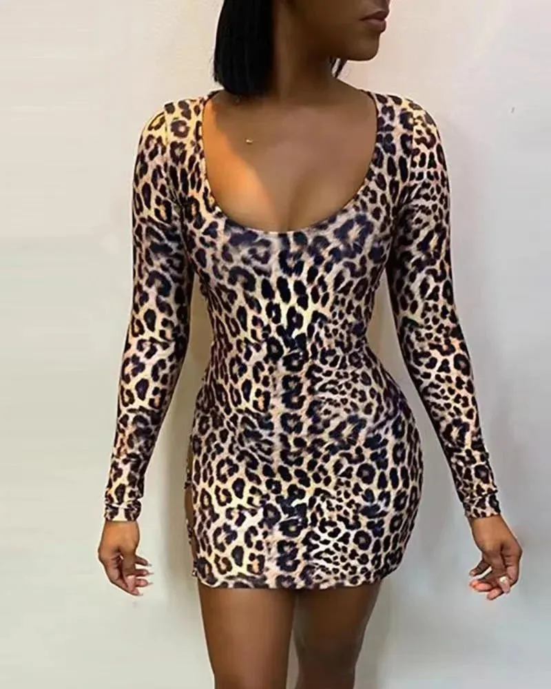 Best Selling Sexy Long Sleeve Lace Up Leopard Print Dresses Women Night Club  Dress Backless Bodycon Dresses