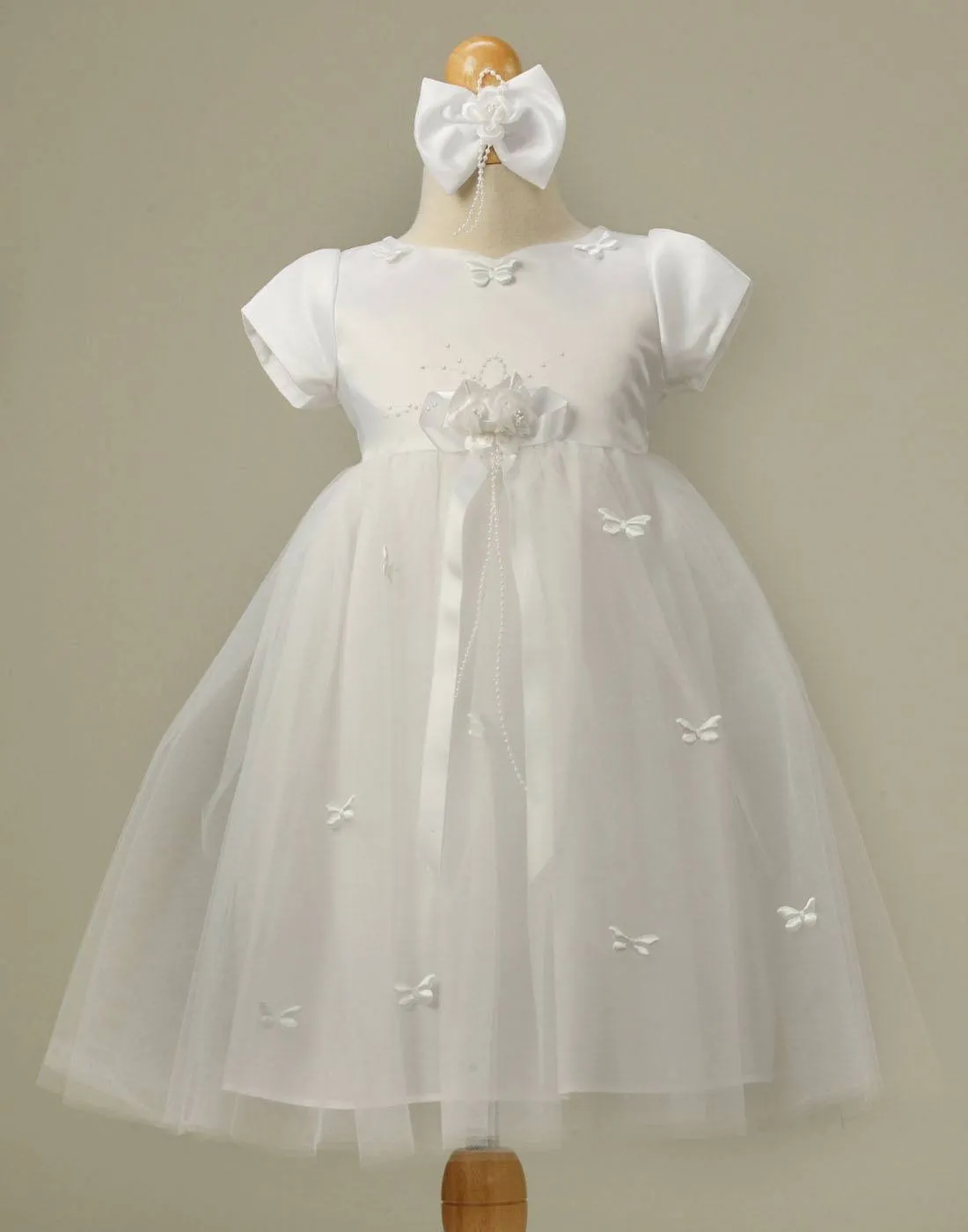 Butterfly Adorned Tulle and Satin Dress with a matching Bow Clip - Pink