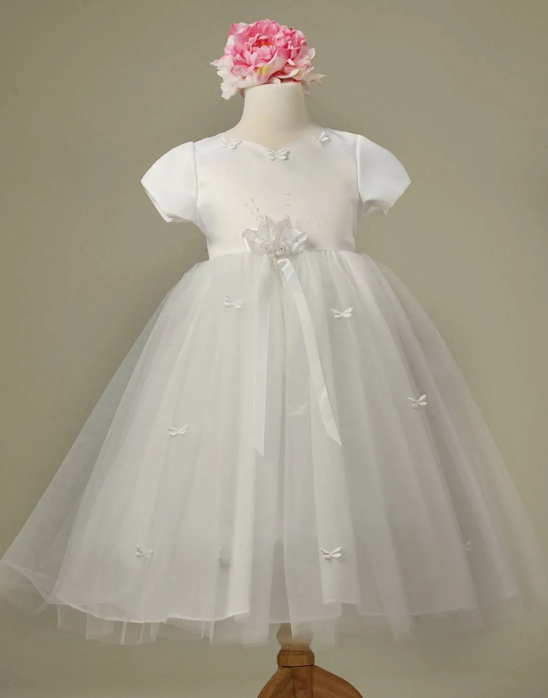 Butterfly Adorned Tulle and Satin Dress with a matching Bow Clip - Pink