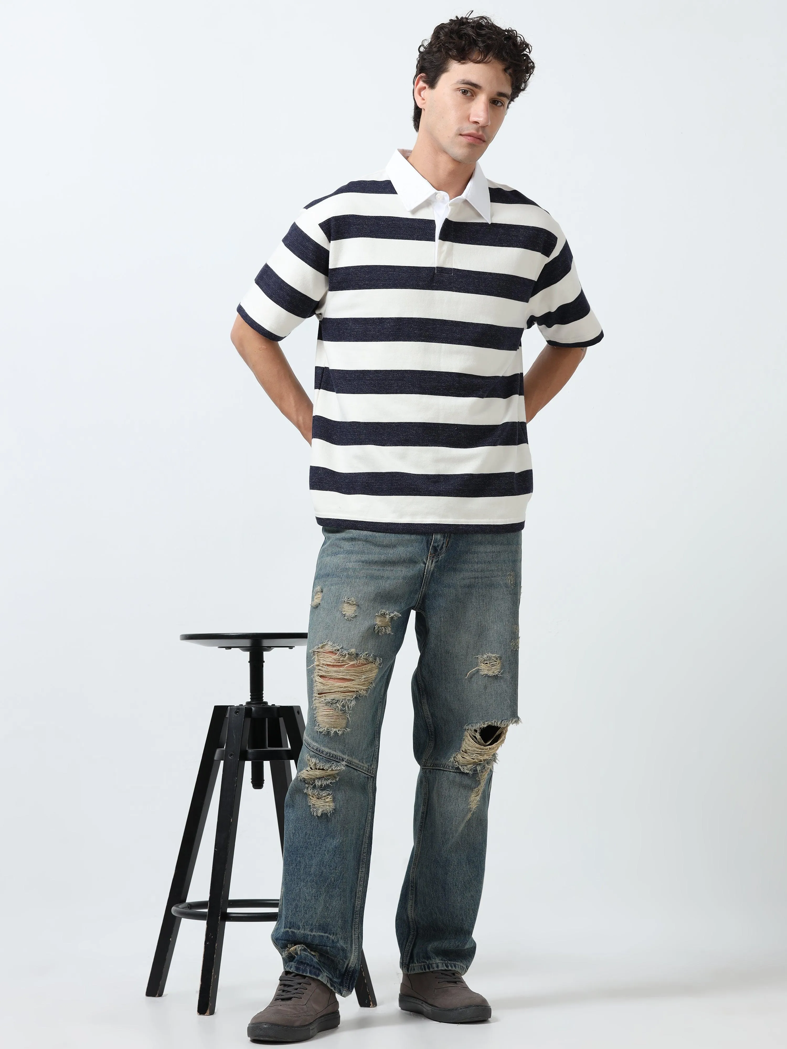Calla - Oversized Striped Polo T Shirt - Starry Blue