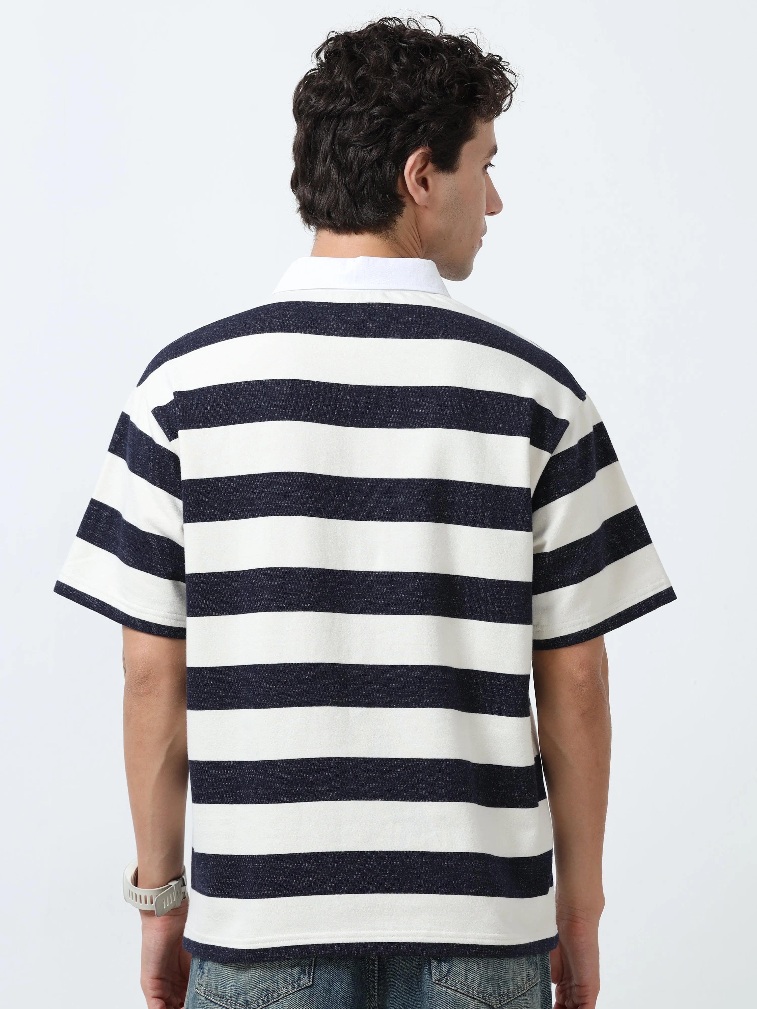 Calla - Oversized Striped Polo T Shirt - Starry Blue
