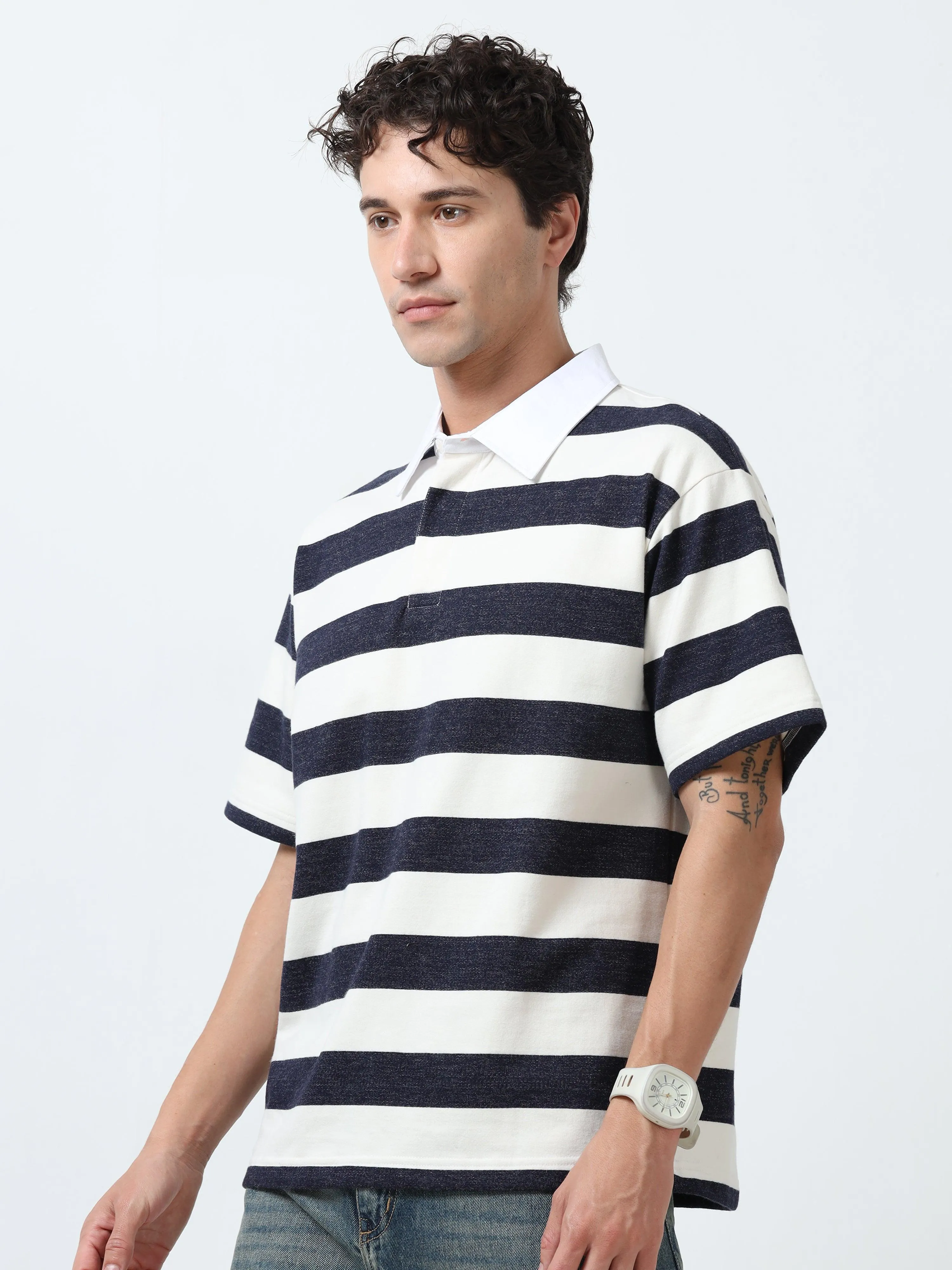 Calla - Oversized Striped Polo T Shirt - Starry Blue
