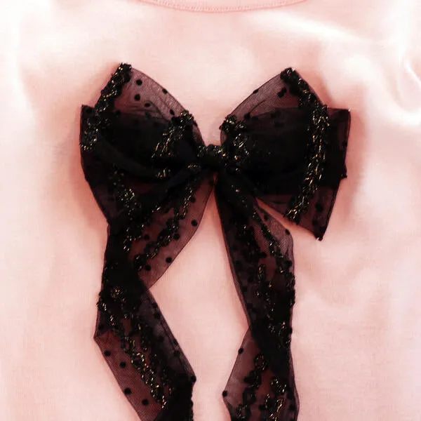Contrast Mesh Bow & Slv Top - Pink