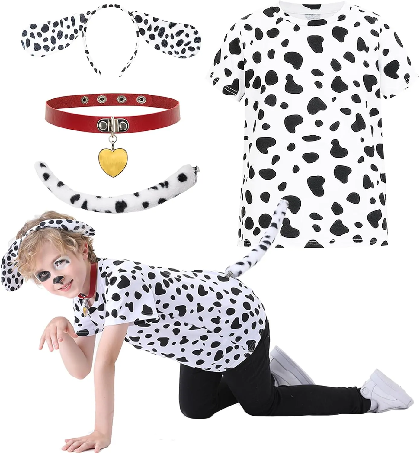 Dalmatian Costume Kids,Boys Girls 101 Days Of School Outfit Shirt Headband Ears and Tail Accessories