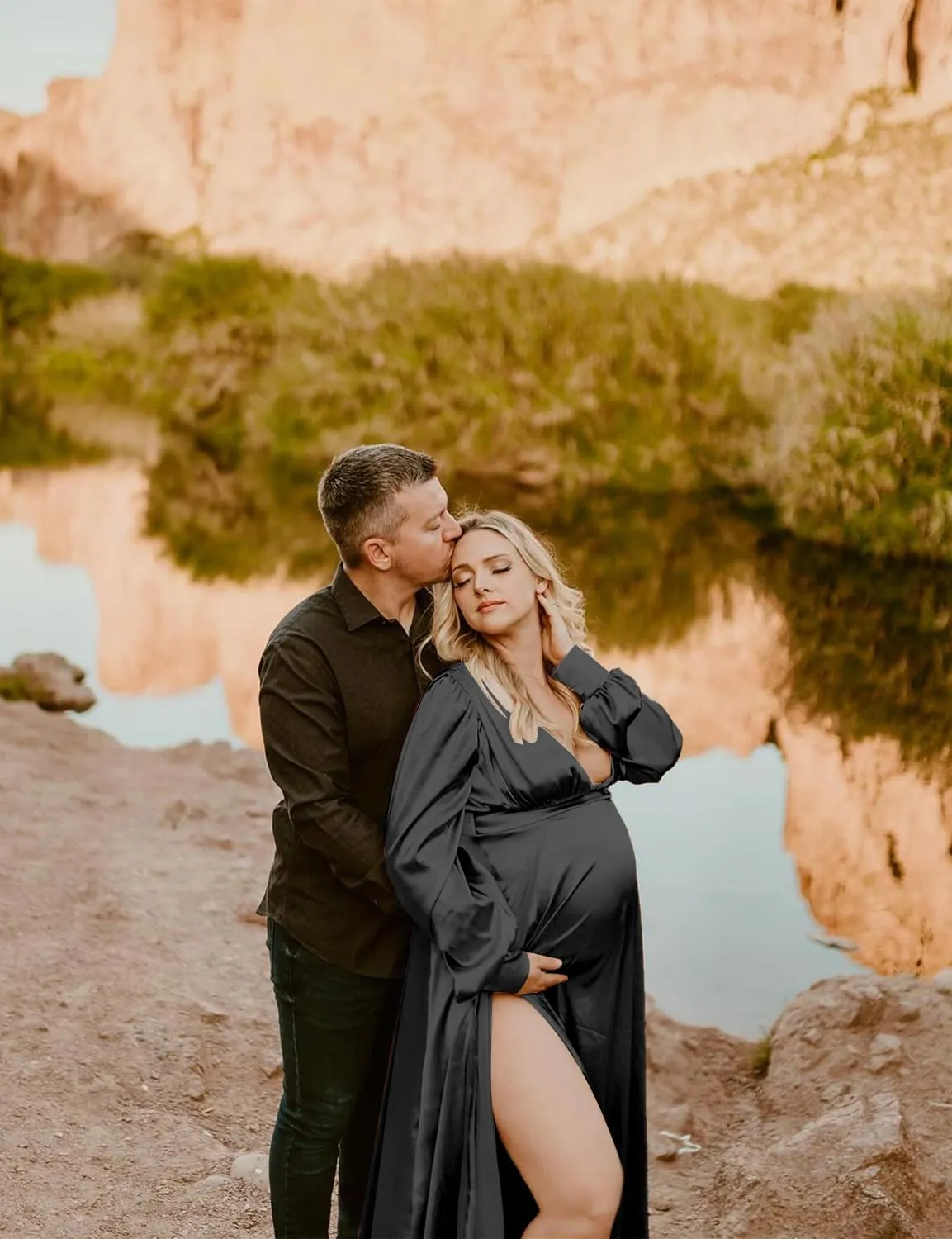 Dedysler Maternity Photo Shoot Dress Long Sleeve Maxi Maternity Gown Side Splits Baby Shower Photoshoot for Photography