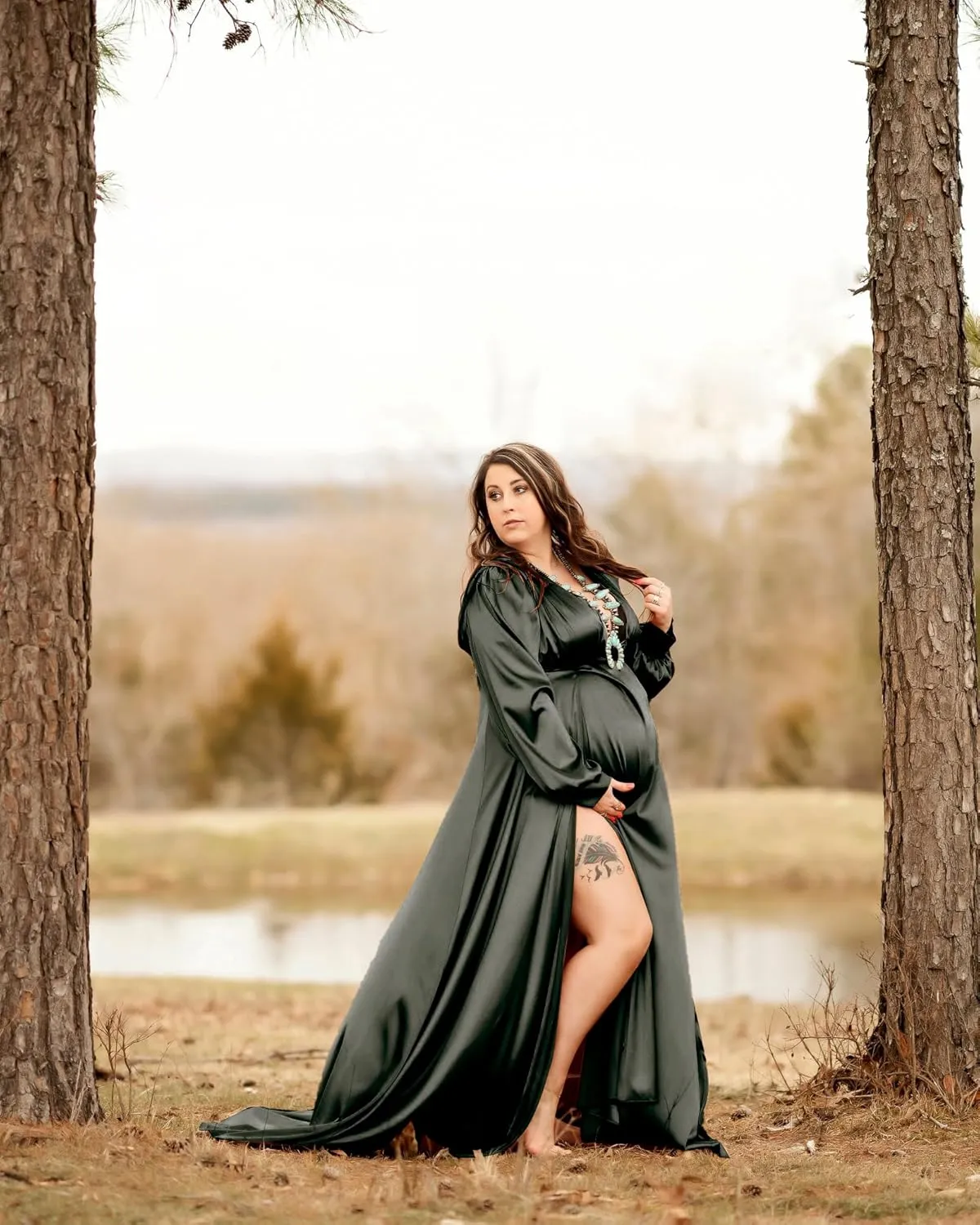 Dedysler Maternity Photo Shoot Dress Long Sleeve Maxi Maternity Gown Side Splits Baby Shower Photoshoot for Photography