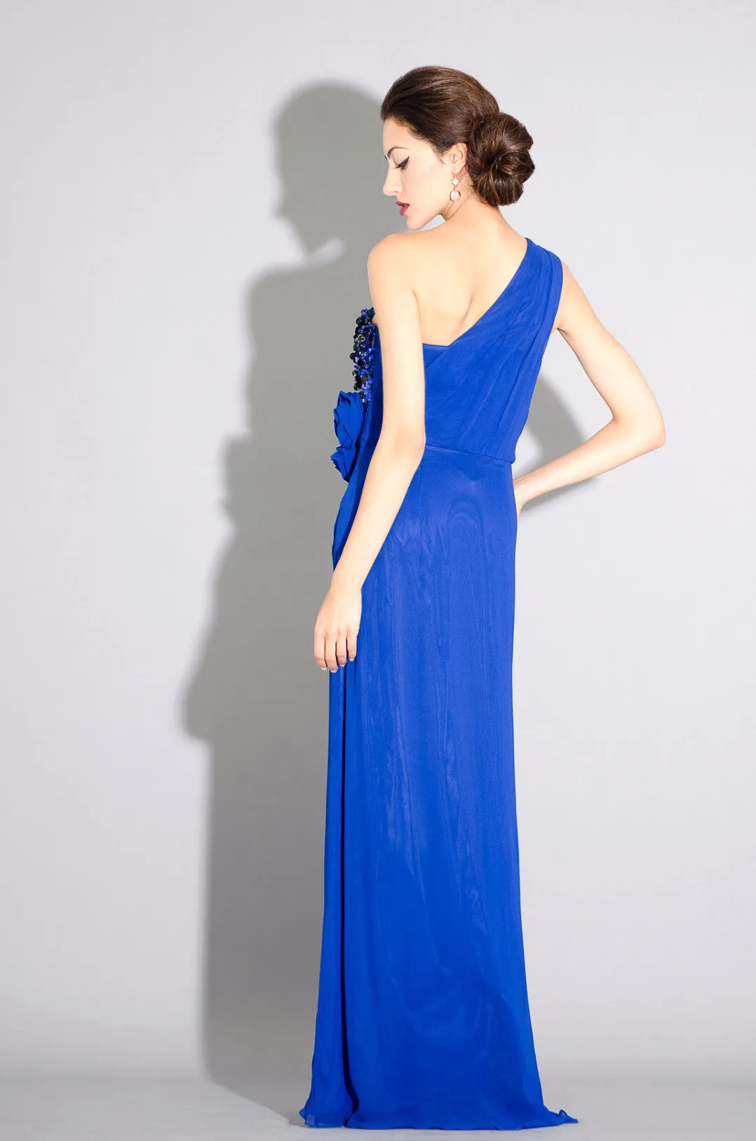 Georgette one shoulder gown, side draping with floral and sequins embellishment detail- SOLD OUT