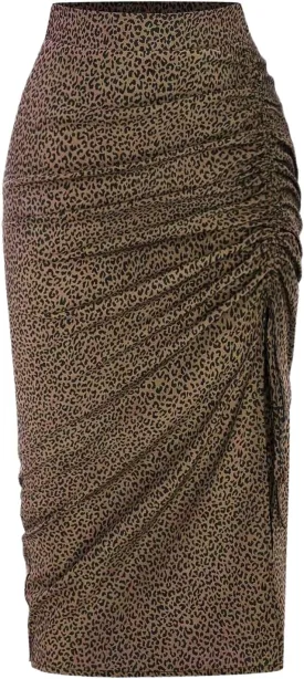 GORGLITTER Women's Plus Size Leopard Print Skirt Ruched Tie Slit High Waisted Bodycon Pencil Midi Skirts
