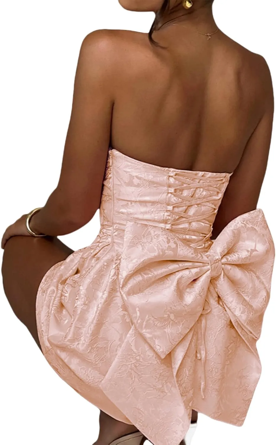 JUMISEE Embroidery Satin Homecoming Dress with Bow Modest Strapless Mini Dresses A Line Short Prom Dress Party Gown