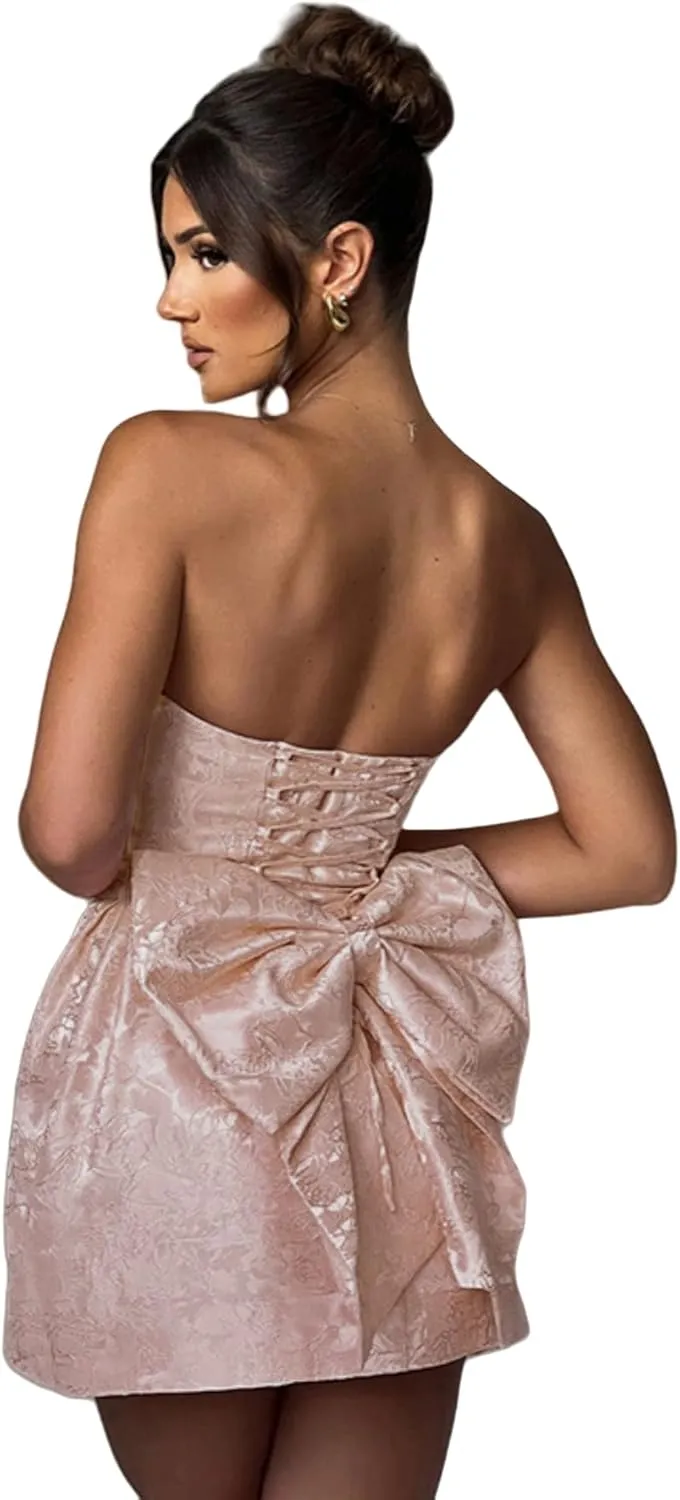 JUMISEE Embroidery Satin Homecoming Dress with Bow Modest Strapless Mini Dresses A Line Short Prom Dress Party Gown