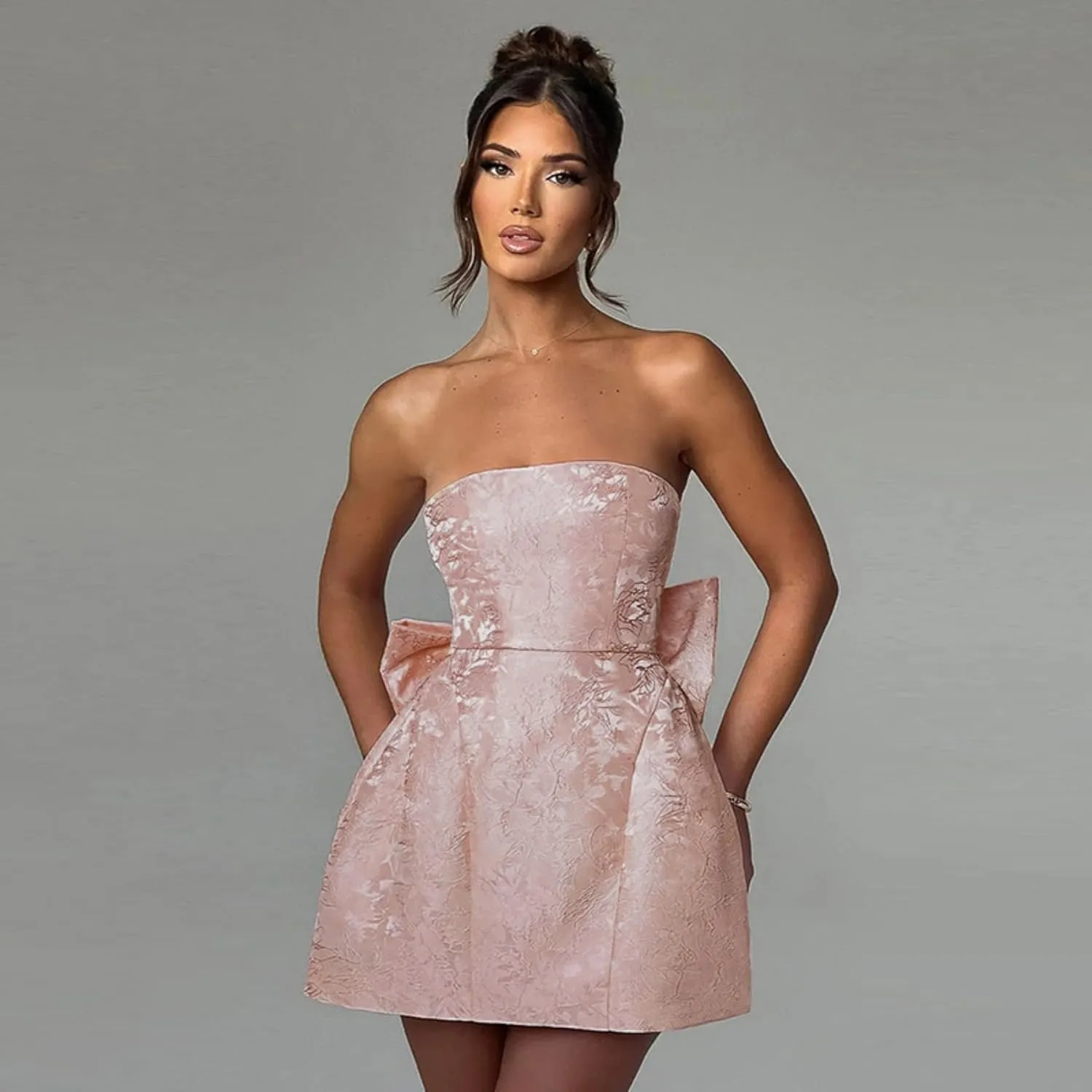 JUMISEE Embroidery Satin Homecoming Dress with Bow Modest Strapless Mini Dresses A Line Short Prom Dress Party Gown