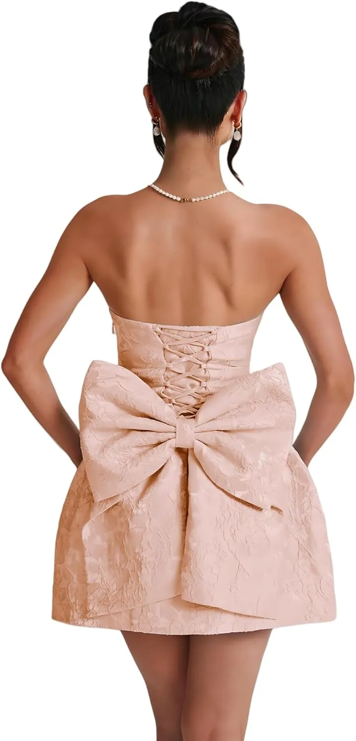 JUMISEE Embroidery Satin Homecoming Dress with Bow Modest Strapless Mini Dresses A Line Short Prom Dress Party Gown