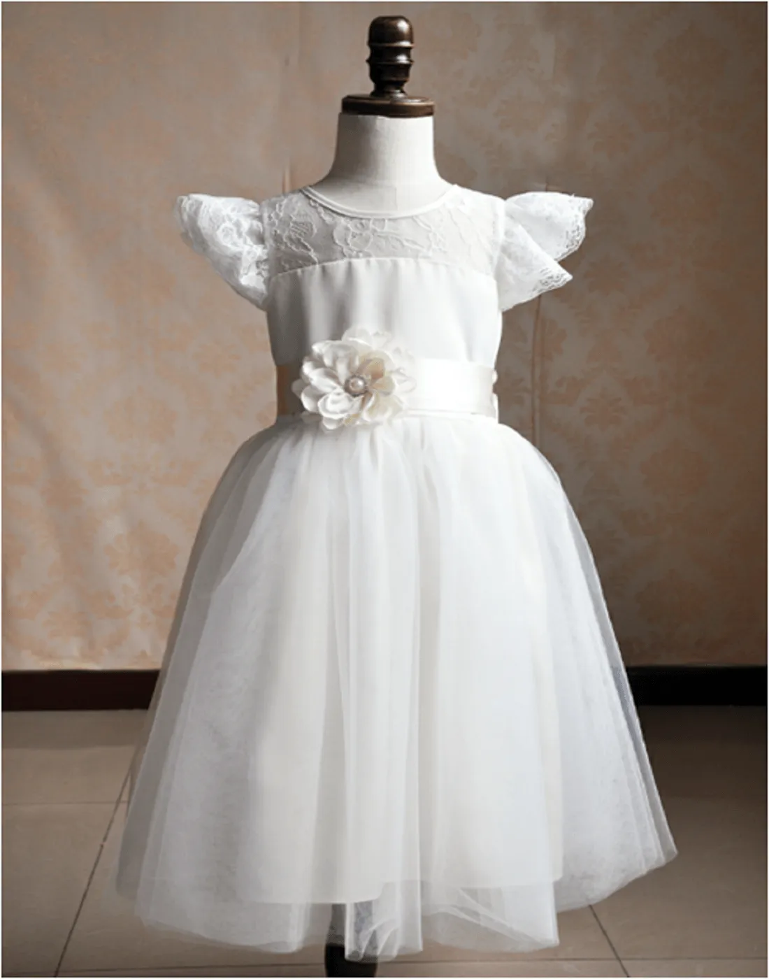 Lace Sleeve Off White Princess Tulle Dress