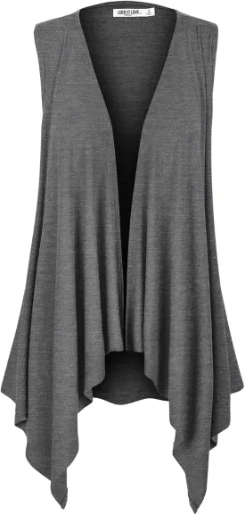 Lock and Love Women's Sleeveless Print/Solid Draped Open Front Cardigan Vest Asymmetric Hem Plus Size