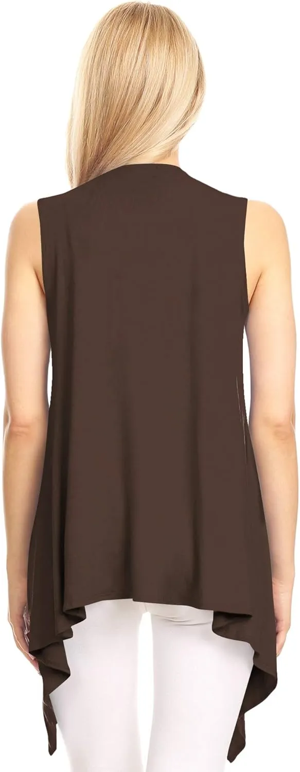 Lock and Love Women's Sleeveless Print/Solid Draped Open Front Cardigan Vest Asymmetric Hem Plus Size