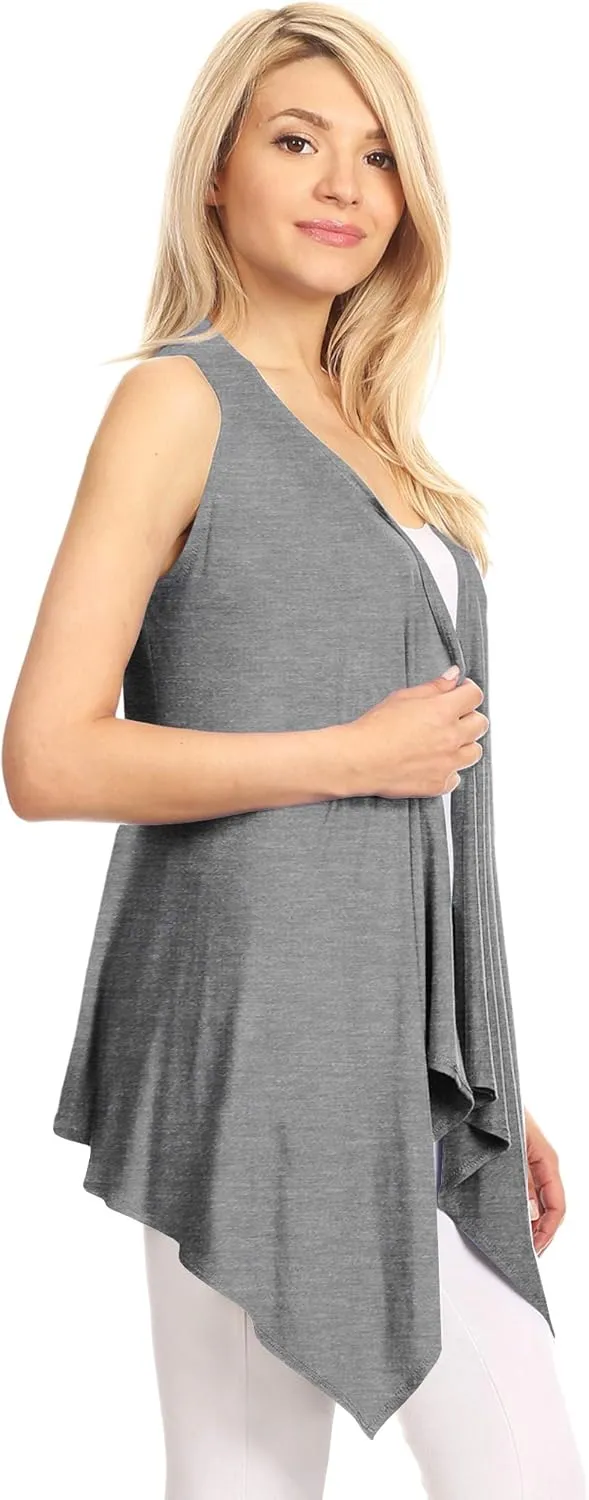 Lock and Love Women's Sleeveless Print/Solid Draped Open Front Cardigan Vest Asymmetric Hem Plus Size
